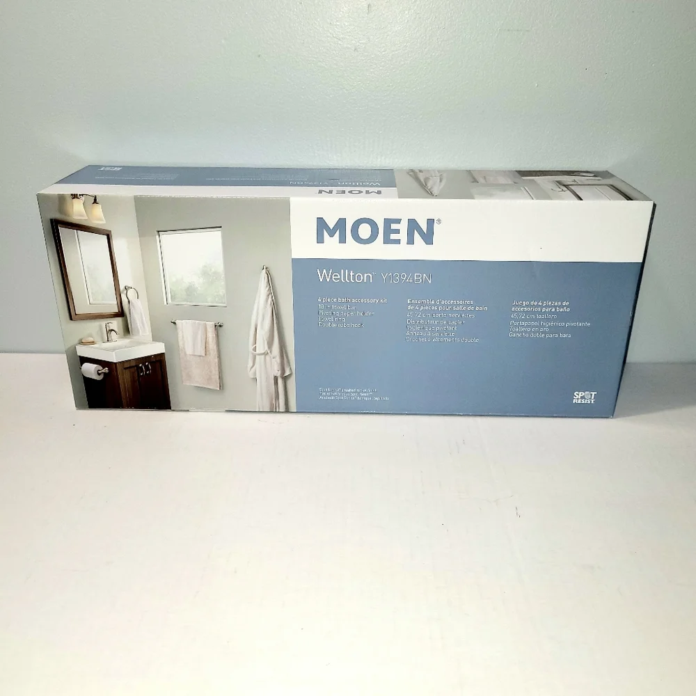 Moen Wellton 4 Pc Bath Accessory Kit Featuring Pivoting Paper Holder NEW!